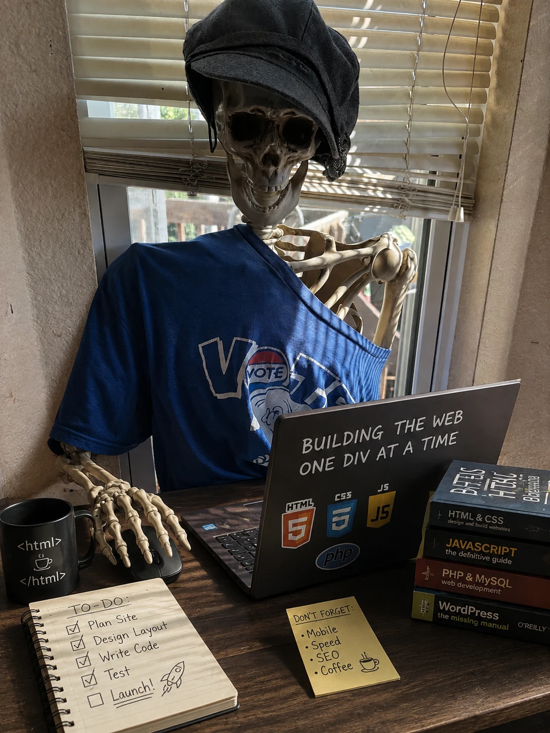 The CEO of Craig's Party Planning — a skeleton in a newsboy cap — hard at work at a laptop, surrounded by web development books and a to-do list